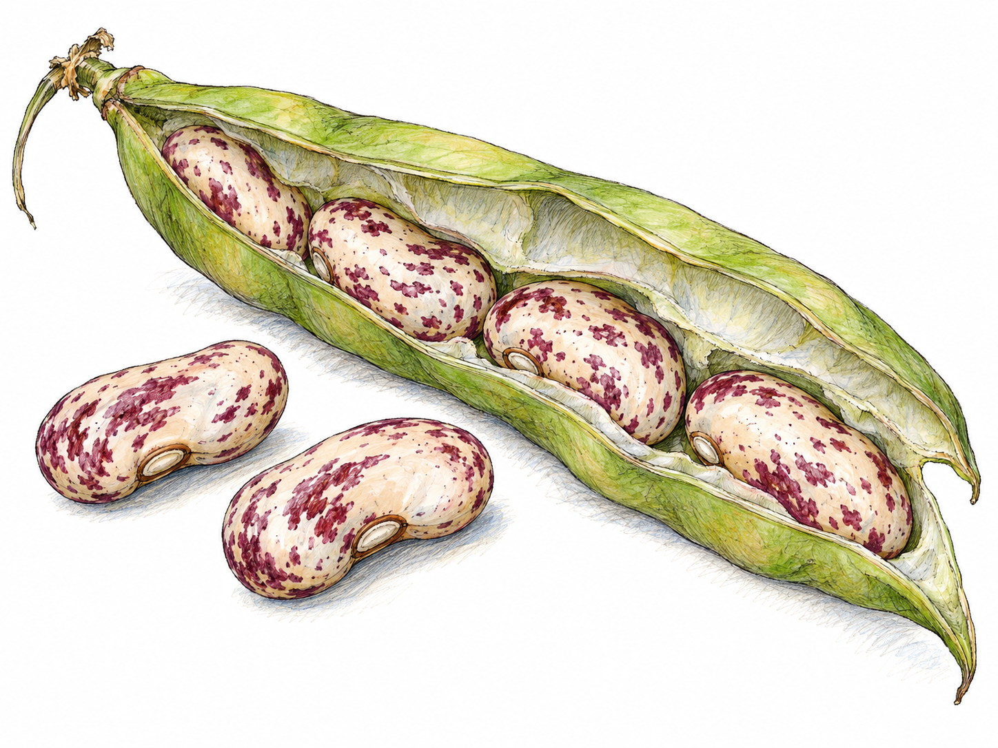 A split-open bean pod reveals plump edible beans seated inside, with three loose beans beside it clearly showing their seed scars.