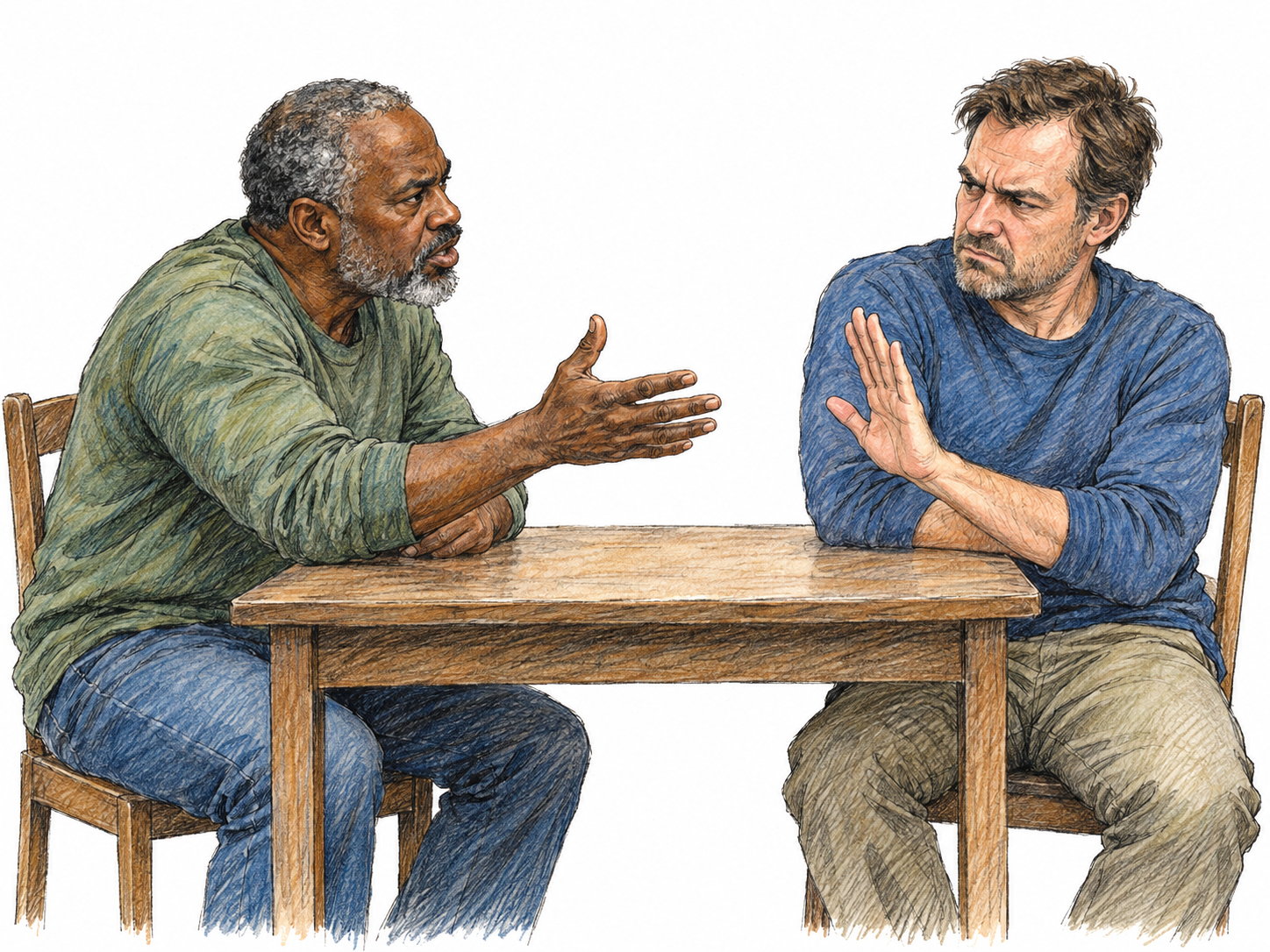 Two men seated across a small table in a serious disagreement: one leans forward with an emphatic open-hand gesture while the other turns slightly away, frowning and raising a hand in objection.