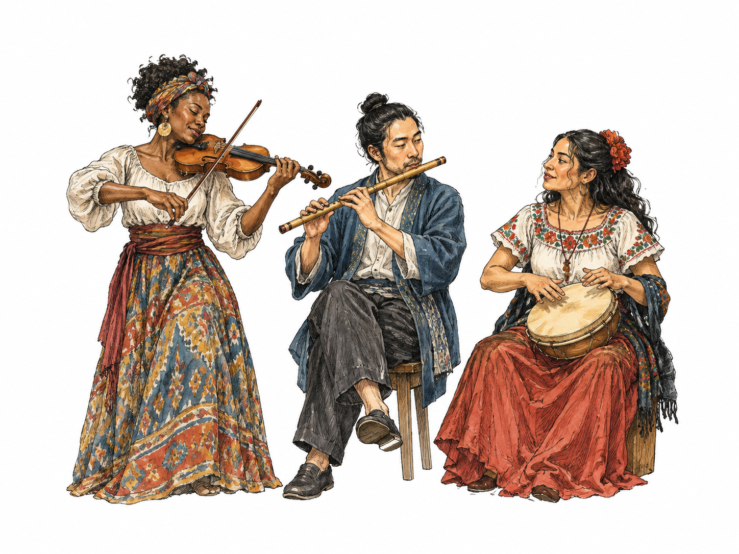Three musicians perform together as ensemble: violin, flute and small hand drum, coordinated attention.