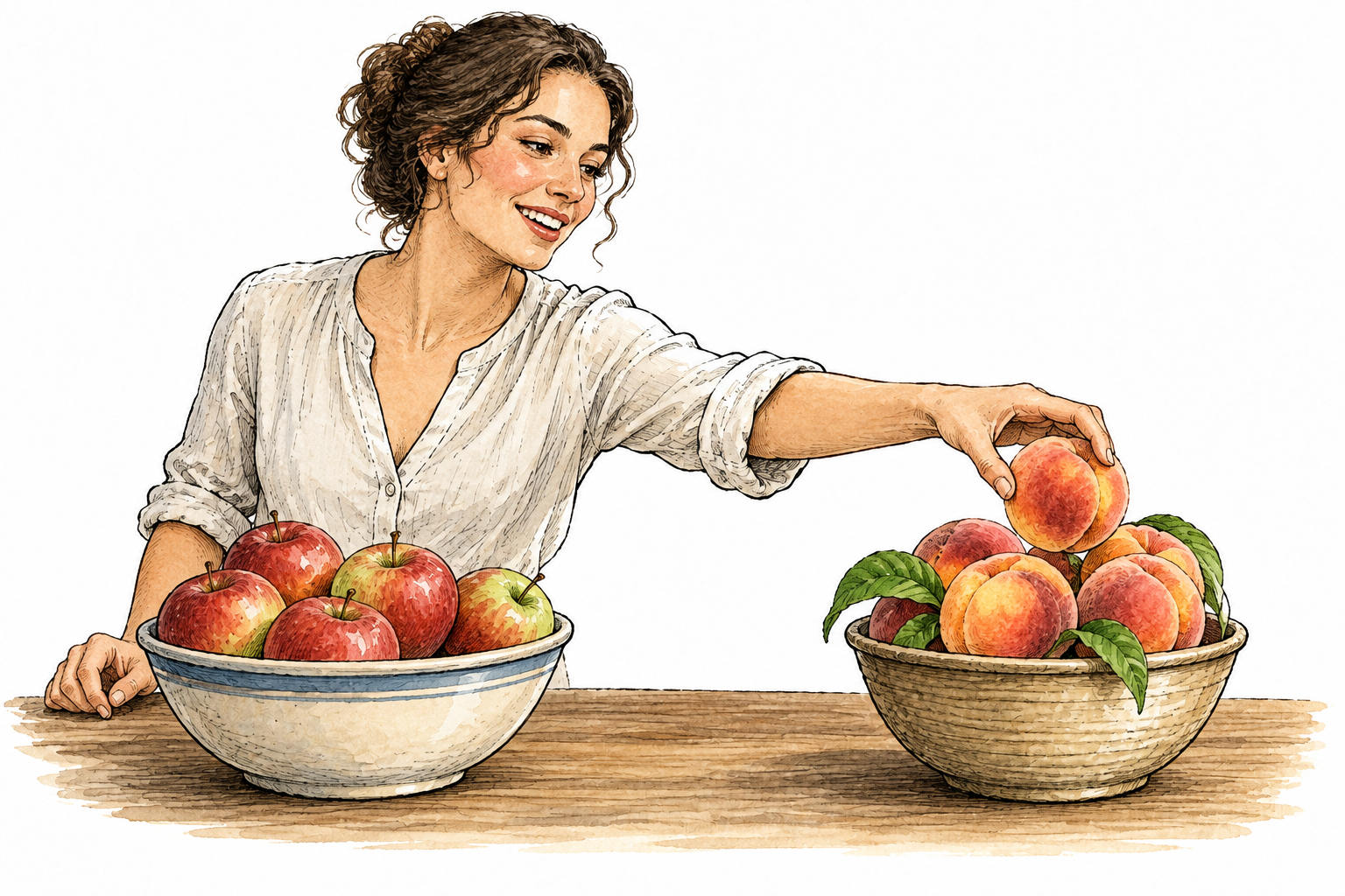 A woman clearly chooses a fresh peach from two offered fruit bowls, happily reaching for peaches while leaving apples untouched.