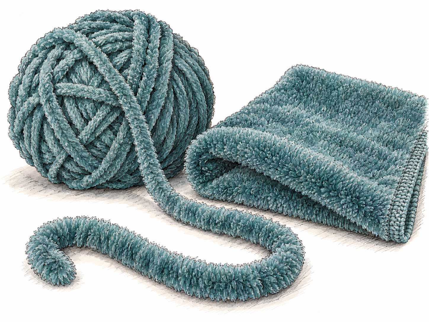 A close-up still life of chenille yarn loosely wound into a small ball, with a curved loose strand revealing its dense, short radial pile, beside a folded swatch of velvety chenille fabric.