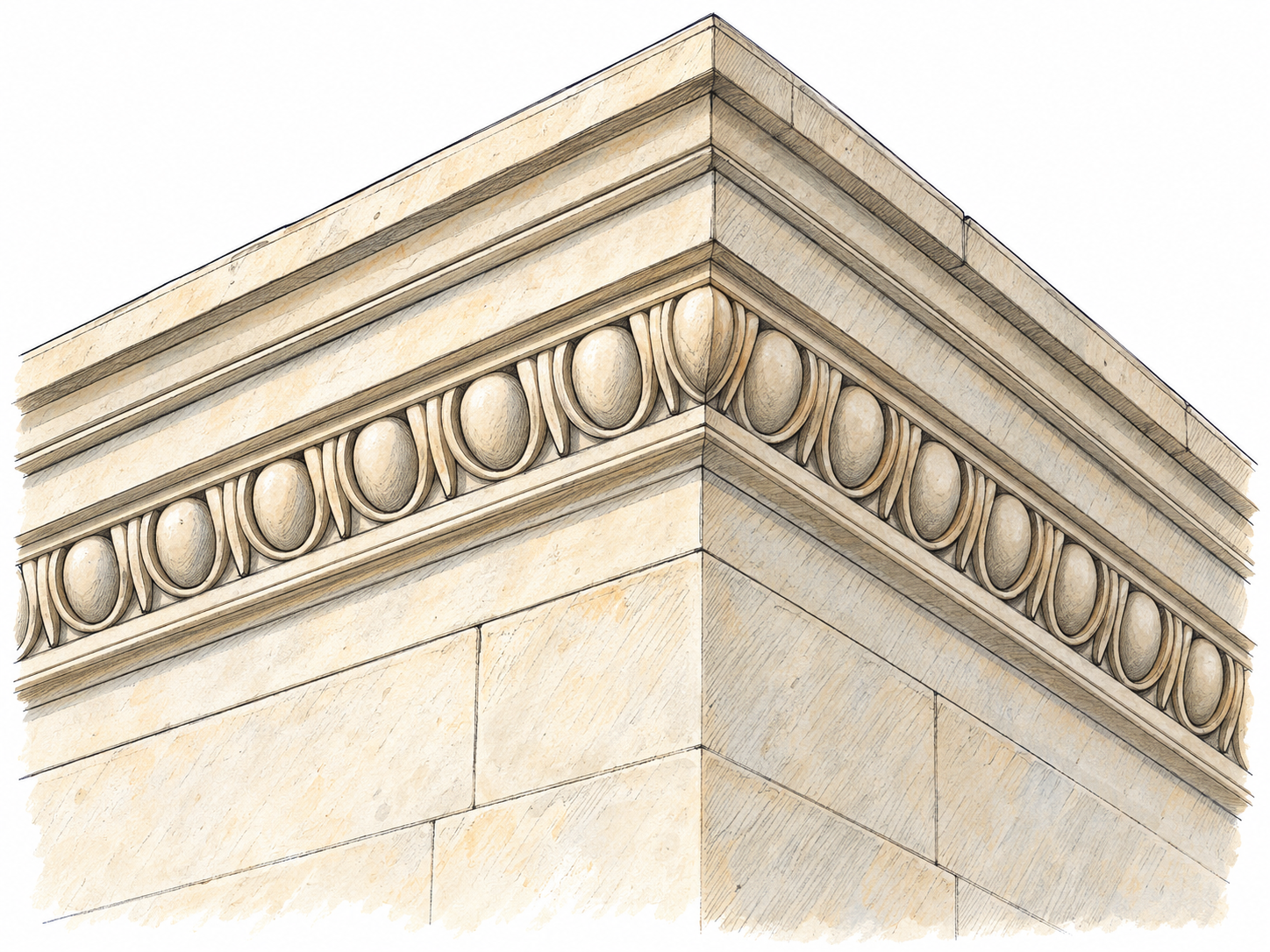 Close-up of an ornate projecting cornice wrapping around the upper exterior corner of a building, with a short stretch of plain wall below to establish its position.