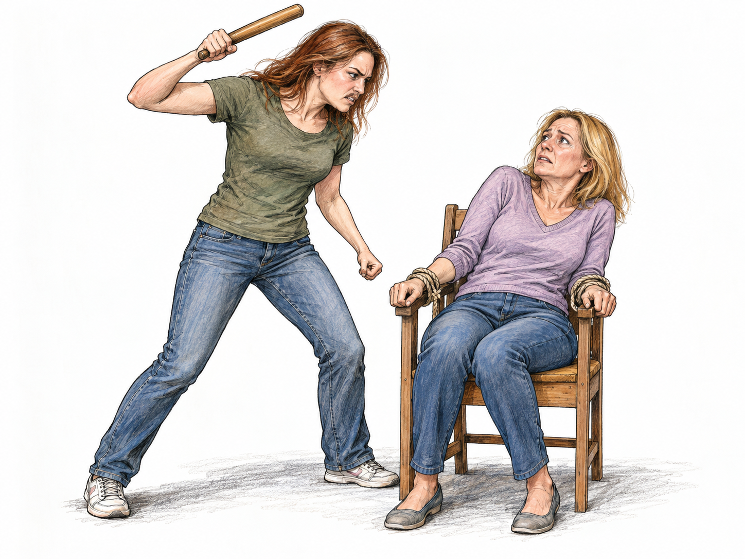 A person threatens a defenseless, bound captive with a raised baton, making deliberate cruelty visible without showing injury or gore.