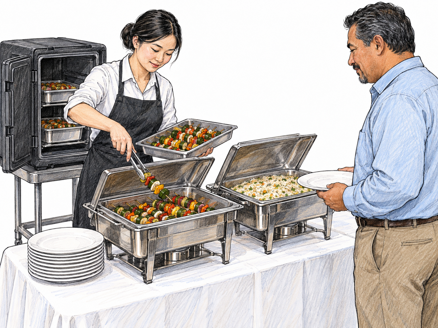 A professional caterer replenishes a buffet at a small event while a guest waits with a plate.