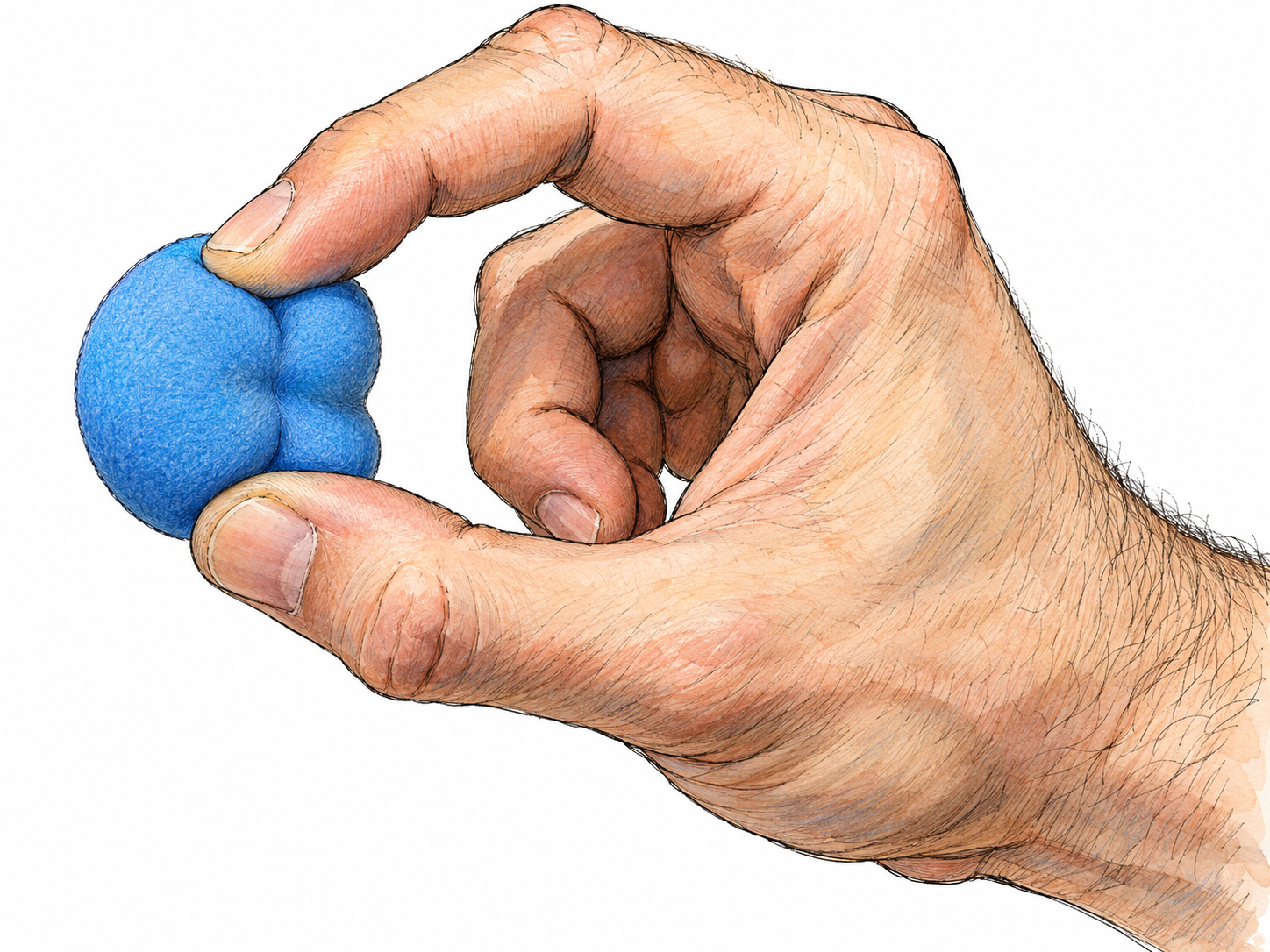 Close-up of a man's thumb and index finger tightly pinching a soft foam ball, making a deep, narrow indentation between the opposing fingertips.