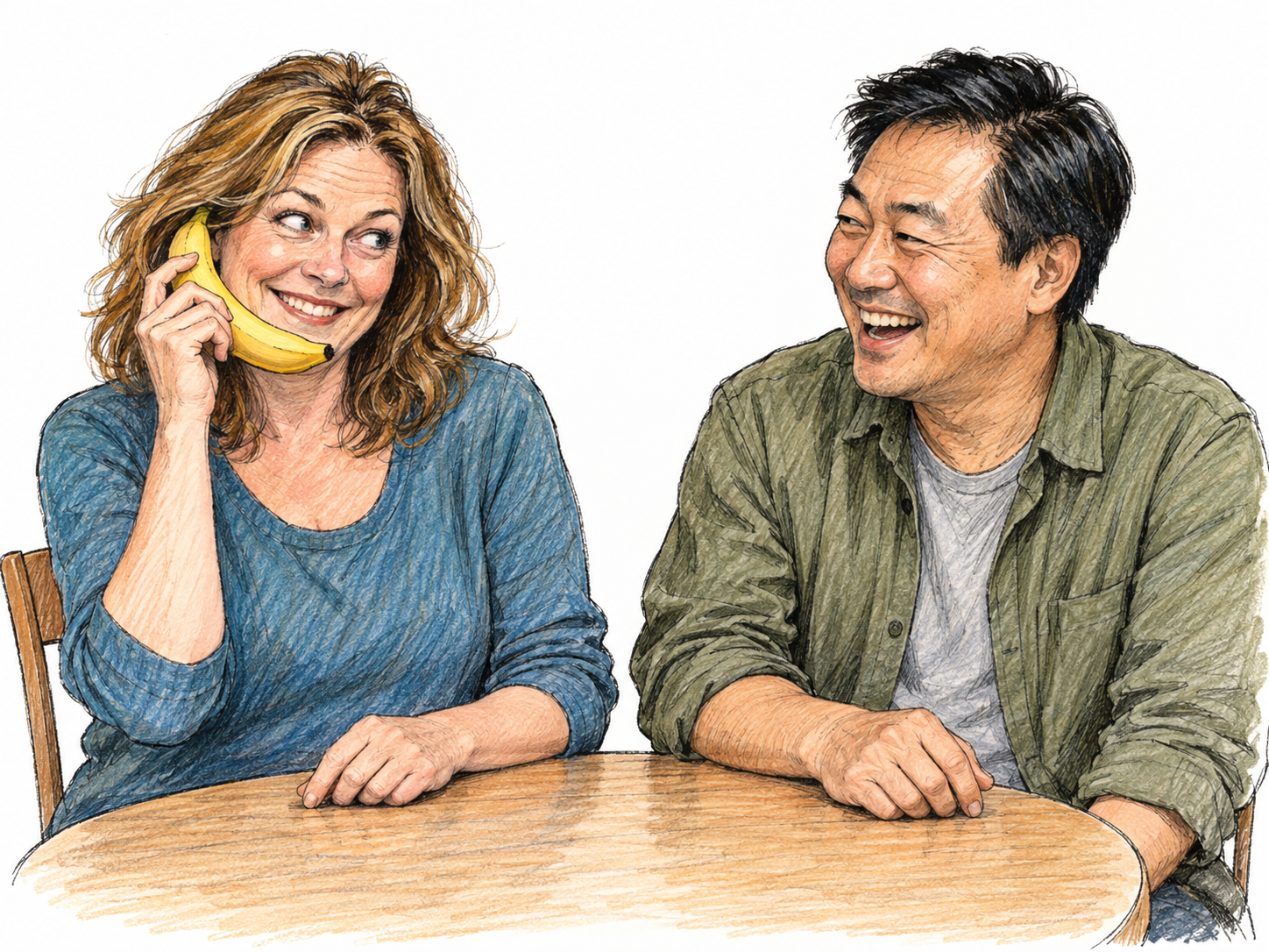 At a simple kitchen table, a cheerful woman holds a curved banana to her ear like a telephone, grinning at her companion, who laughs openly at the playful gag.
