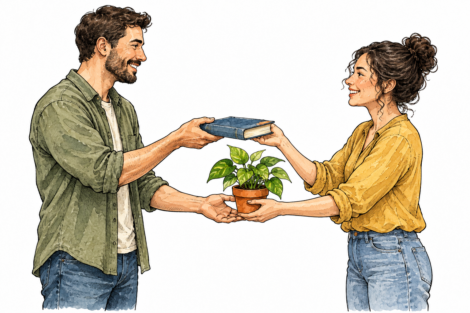 Two adults exchange a book for a small potted plant, both giving and receiving simultaneously.