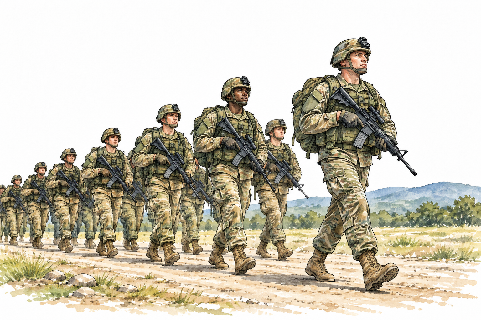 An organized modern army unit trains marching together on open ground, equipment and disciplined formation, no violence.
