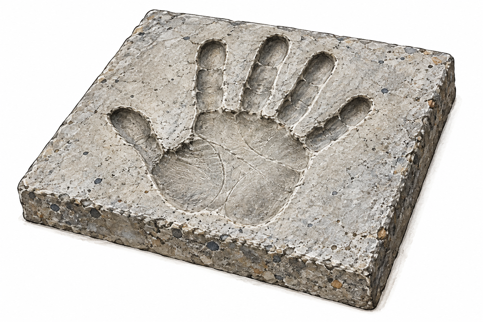 Freshly poured concrete handprint now hardened solid; plaque FINAL, irreversible permanent impression.