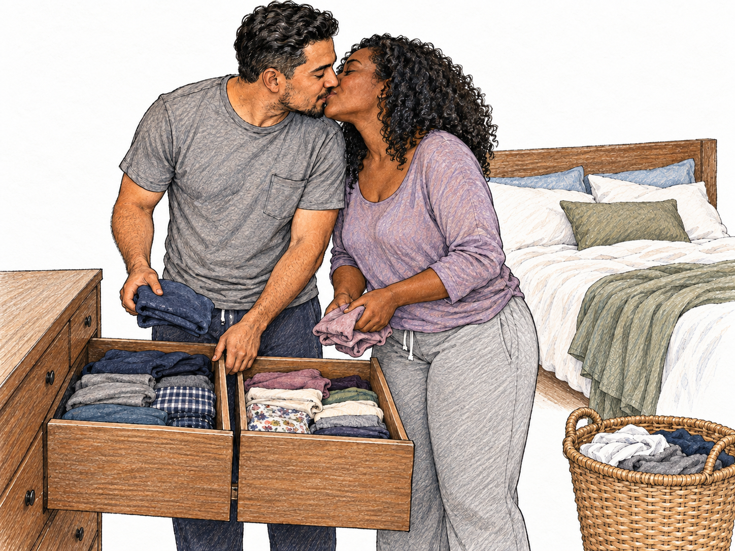 Living together, especially as partners without being married: a similar-aged romantic couple sharing an established bedroom, personal storage, and an everyday household routine.