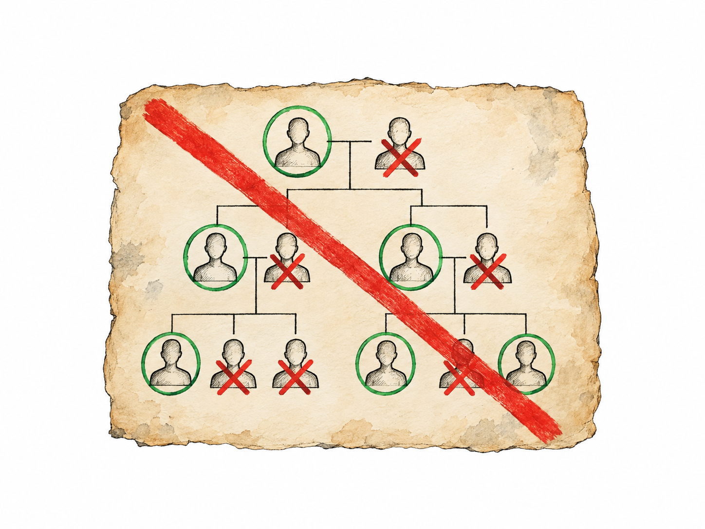 A historical pseudo-scientific human pedigree selection chart on paper: identical simple human bust symbols arranged in branching family rows, some selected with circles and some excluded with X marks.