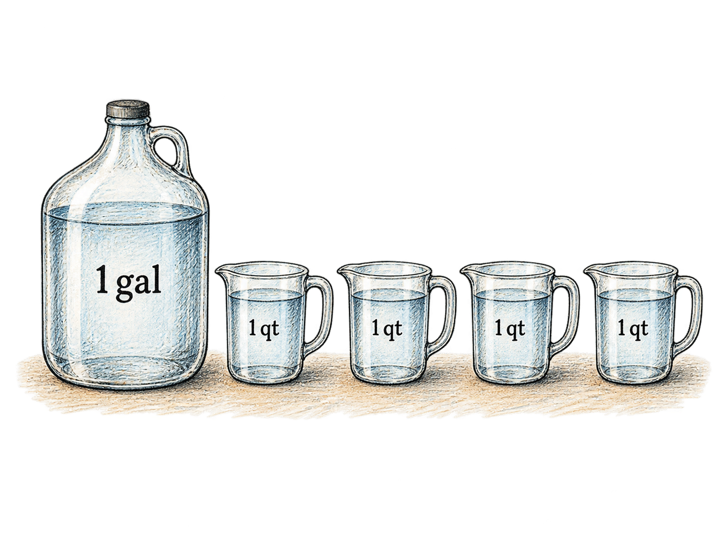 A transparent gallon jug stands beside exactly four identical transparent quart measuring vessels, showing one gallon corresponds to four equal quarts.
