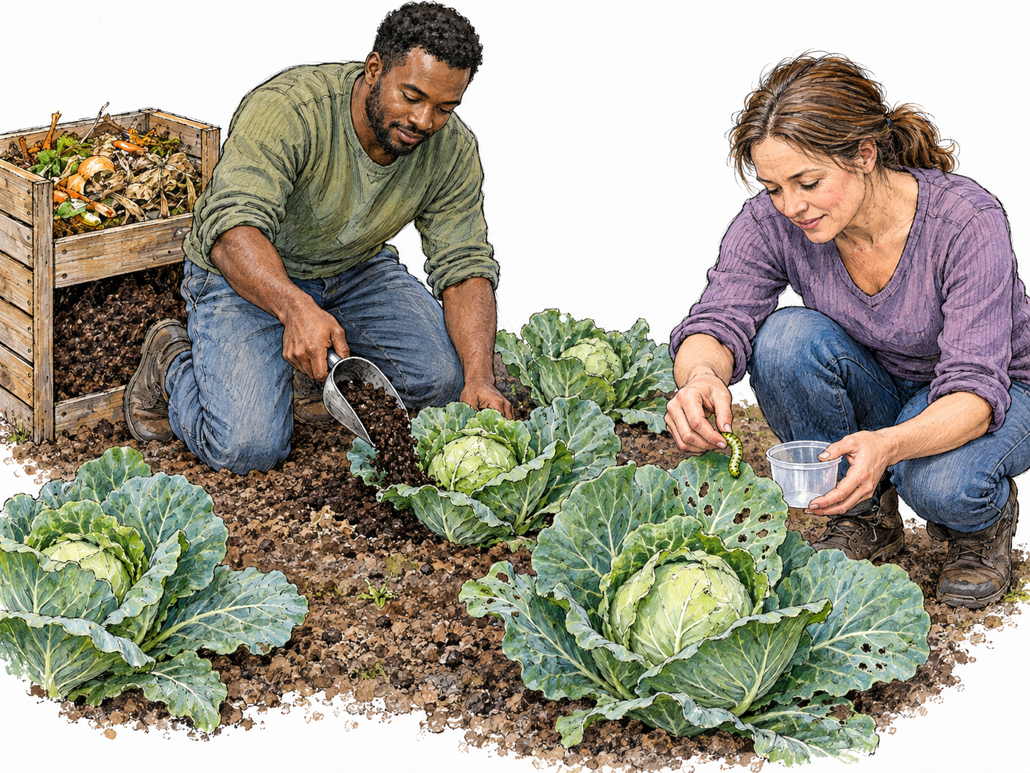Organic vegetable production shown through complementary visible practices: compost feeding and manual pest removal in the same productive vegetable bed.