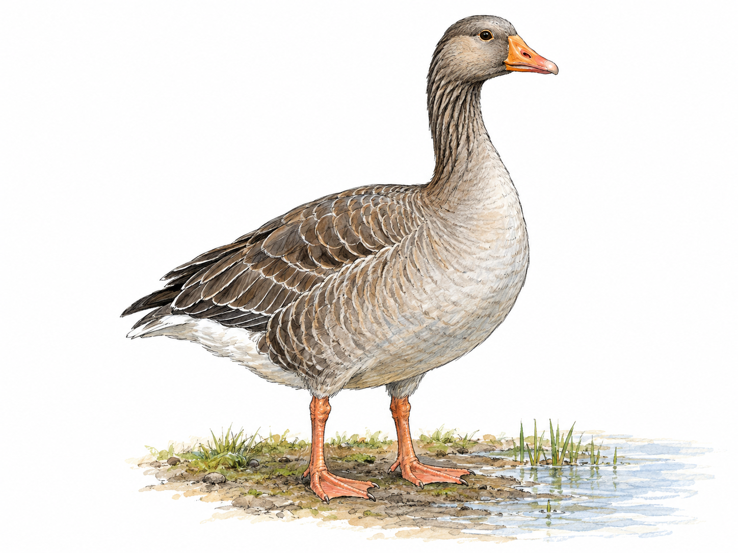 A single adult greylag goose stands at a shallow pond edge, with its long neck, sturdy body, orange bill and both webbed feet clearly visible.