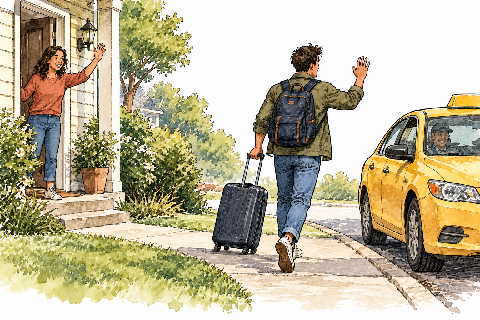 Traveler with suitcase walks away from house toward waiting taxi while friend waves goodbye, no signs or text.