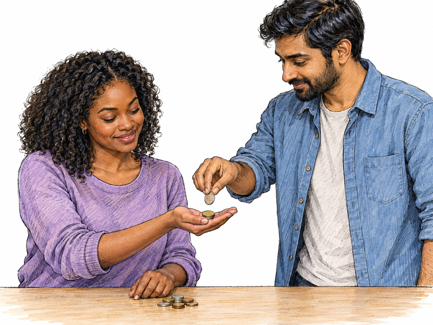 A woman receives several coins into her open palm beside a small pile she already has, making obtaining more money and increasing her total visibly concrete.