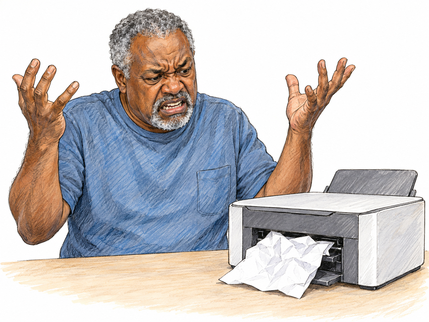 An older Black man throws both hands up in exasperation beside a home printer with a visibly crumpled sheet jammed in its output slot.