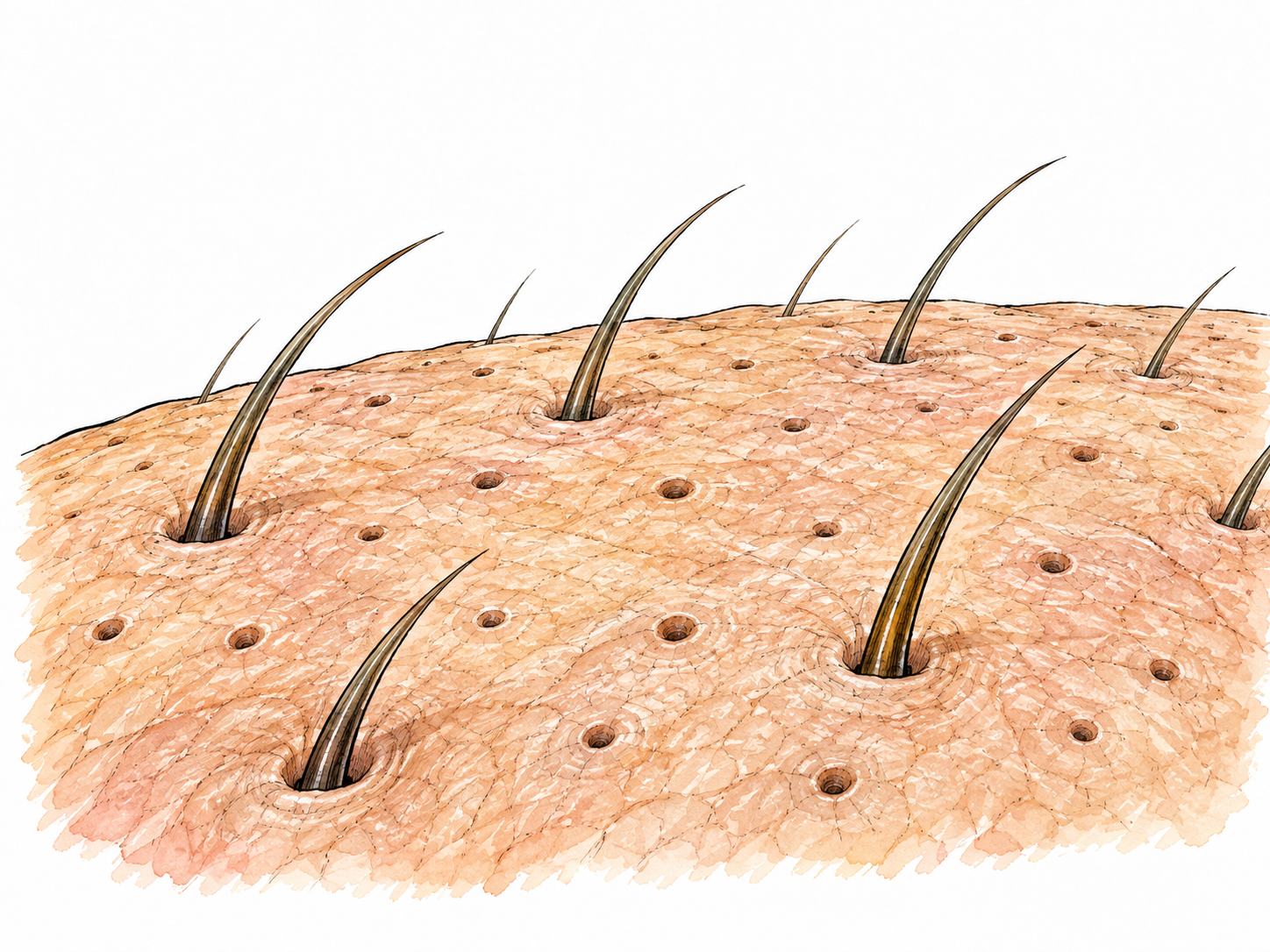 Magnified skin surface with tiny hair follicles and pores, natural skin color and scientifically modest detail.