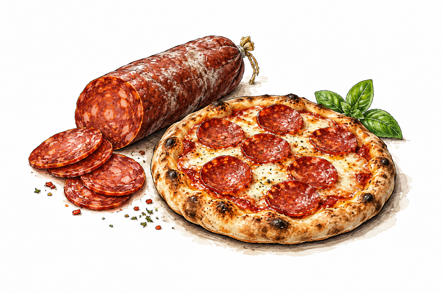 A cured pepperoni sausage with thin round slices on a small pizza.