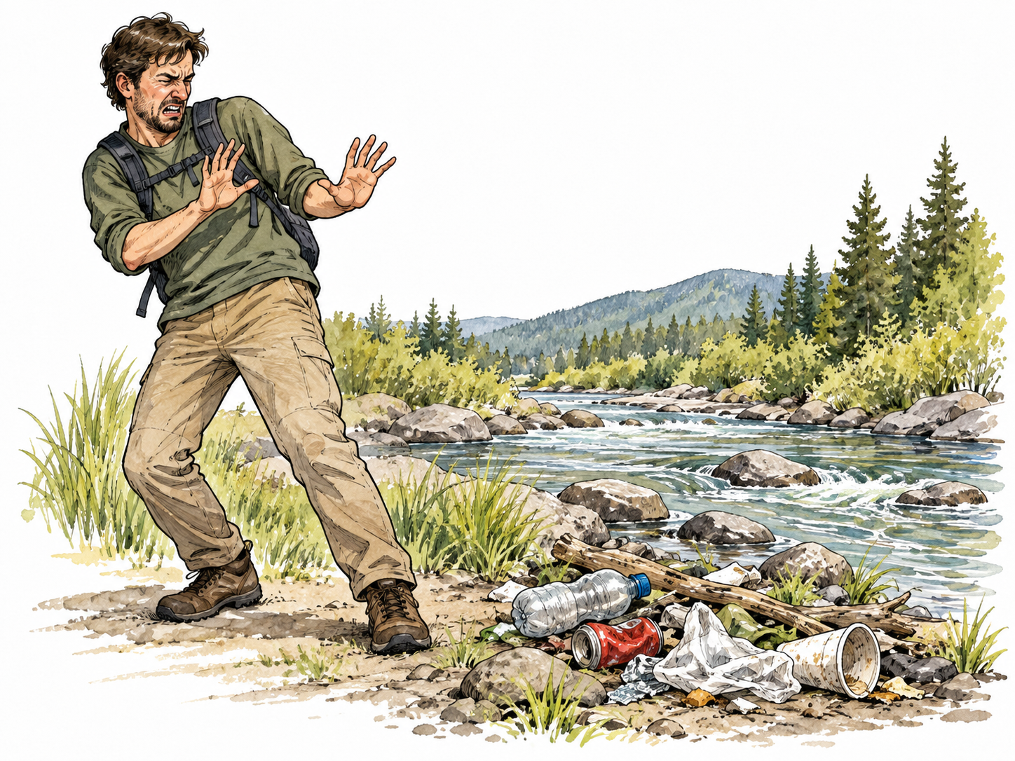 A white adult recoils in intense disgust at discarded litter polluting a beautiful stream.