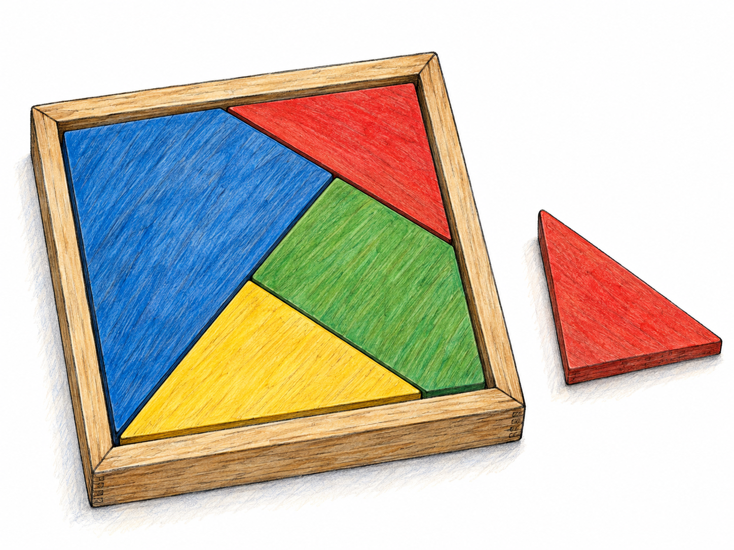 A completely filled four-piece wooden shape puzzle with an extra duplicate piece beside it: every space is already occupied, so the spare piece has no useful place.