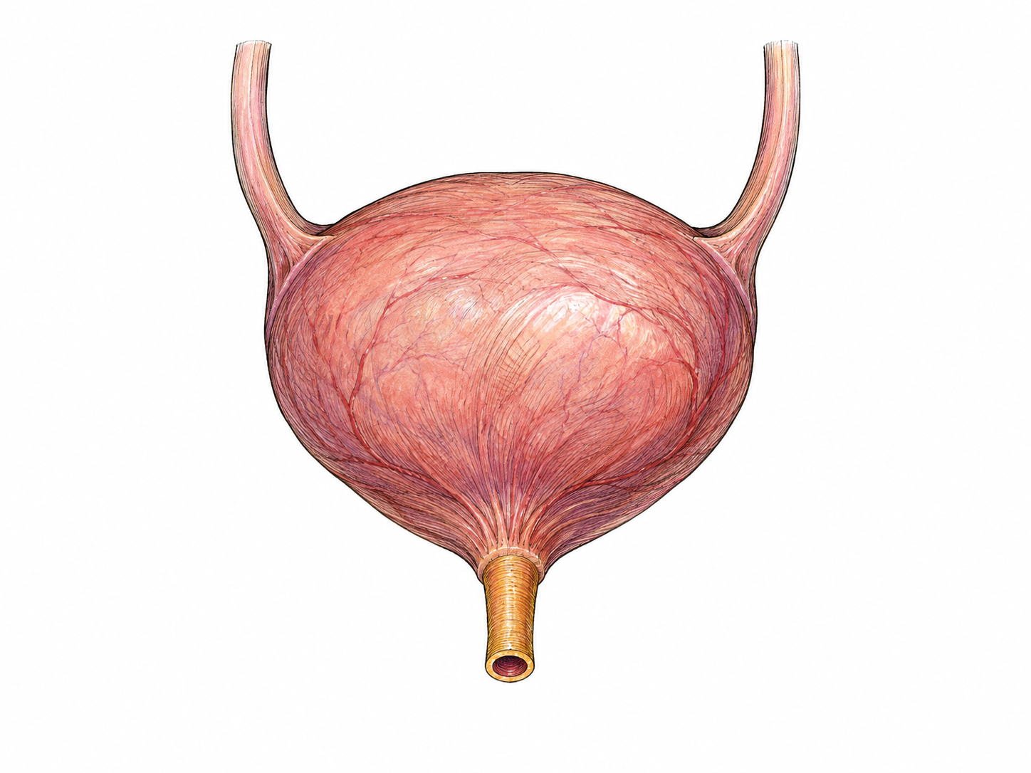 An isolated accurate anatomical vignette of the urinary bladder with two ureters entering from above-behind and a SINGLE SHORT urethra leaving its bottom and opening outside.