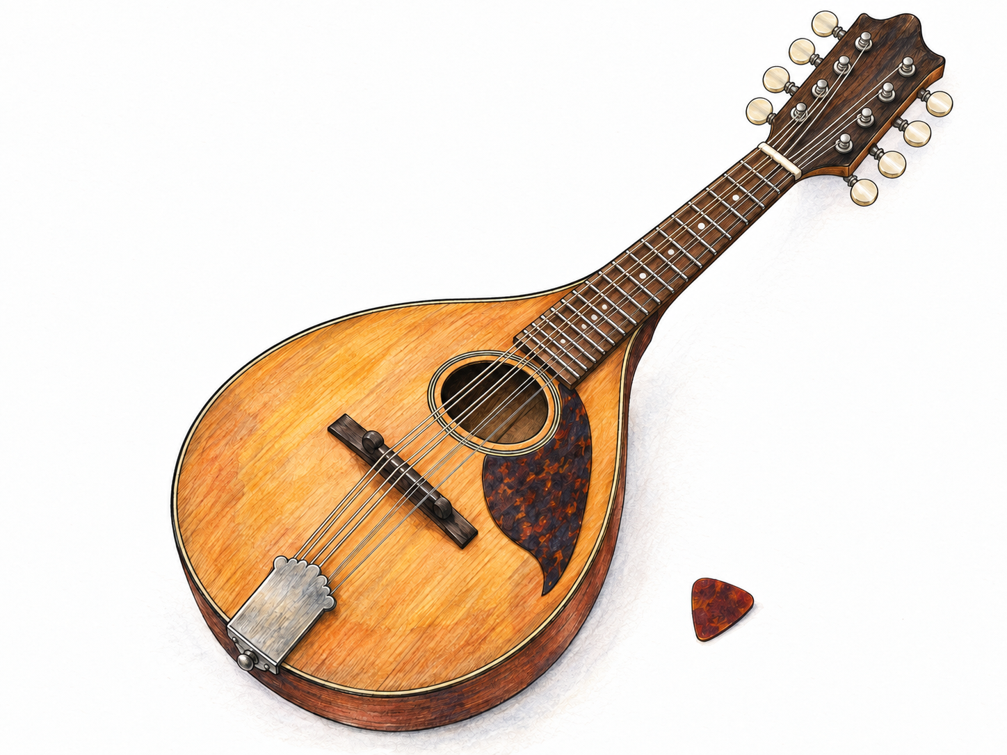 A compact acoustic mandolin presented nearly front-on, with a plain plectrum beside its small pear-shaped body and a clearly legible, mechanically coherent eight-post headstock.
