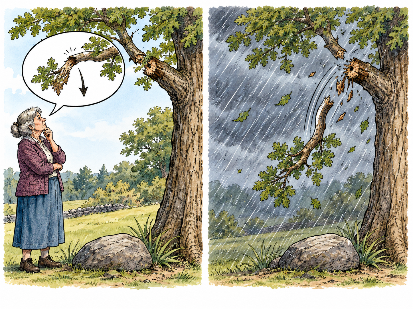 Two successive visual moments show an older woman predicting a broken branch during calm weather, with a picture-only speech bubble, and the same branch later falling during a storm exactly as predicted.