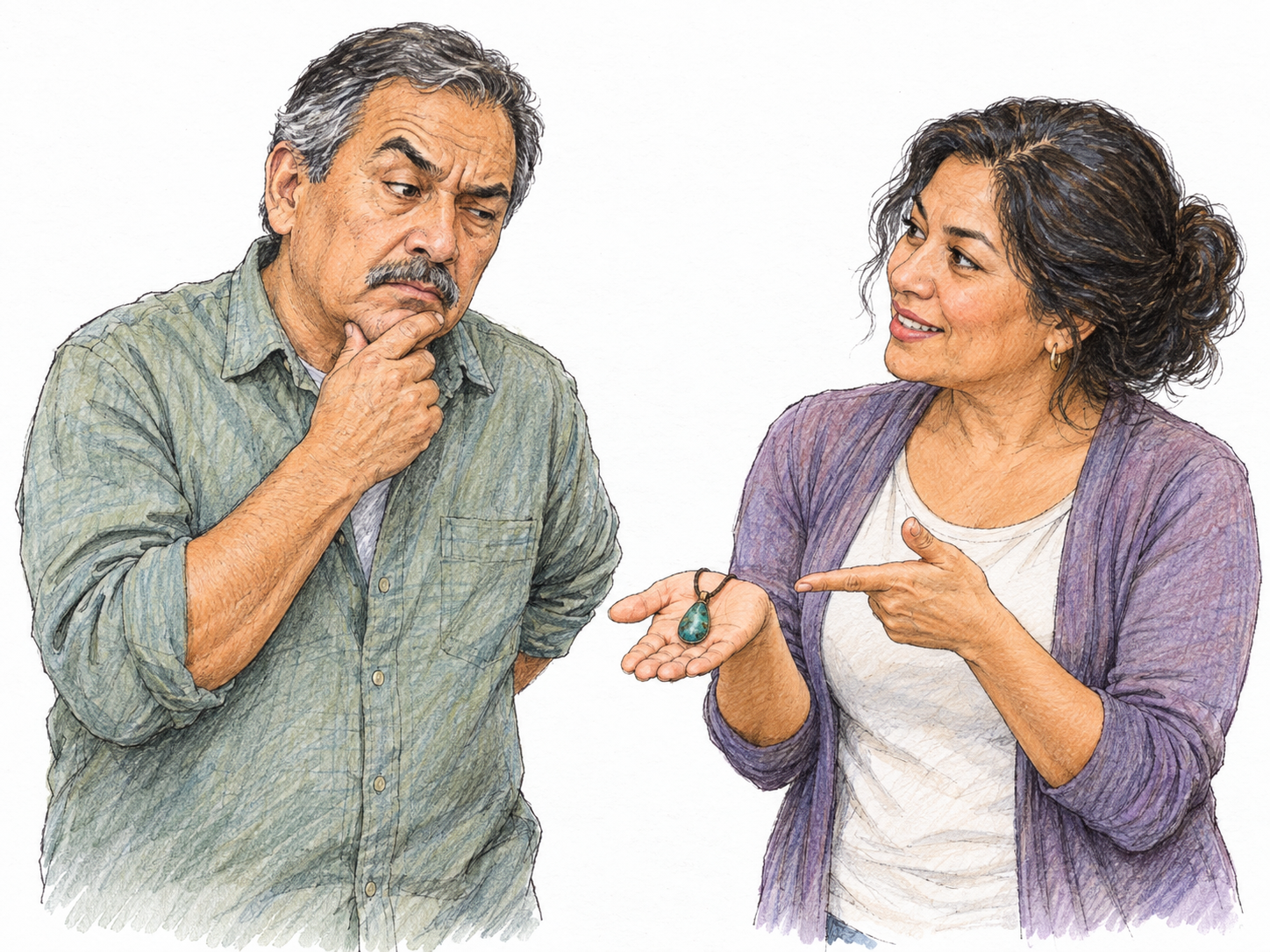 An older man skeptically examines a purportedly lucky charm offered by a woman, raising one eyebrow and holding back rather than accepting her confident presentation.