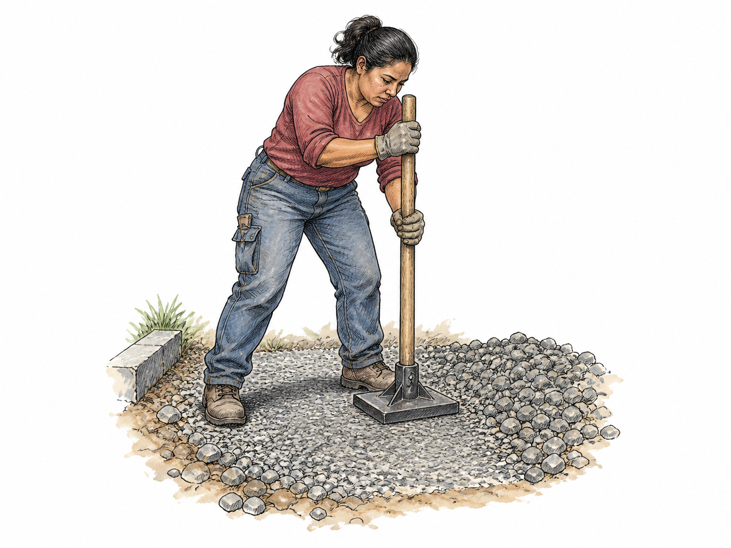 Worker presses broad flat hand tamper down onto loose gravel to compact it, visible level compressed area beside loose stones, tool mechanically correct.