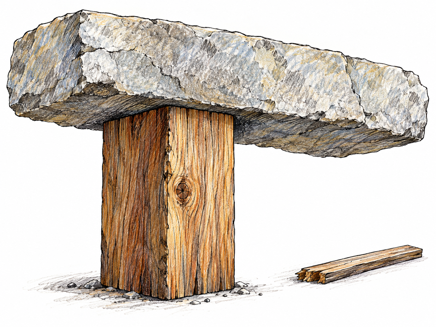 A thick sturdy wooden beam firmly supports a heavy stone slab, visibly substantial compared with one thin loose offcut nearby; realistic weight-bearing structure, no human risk.