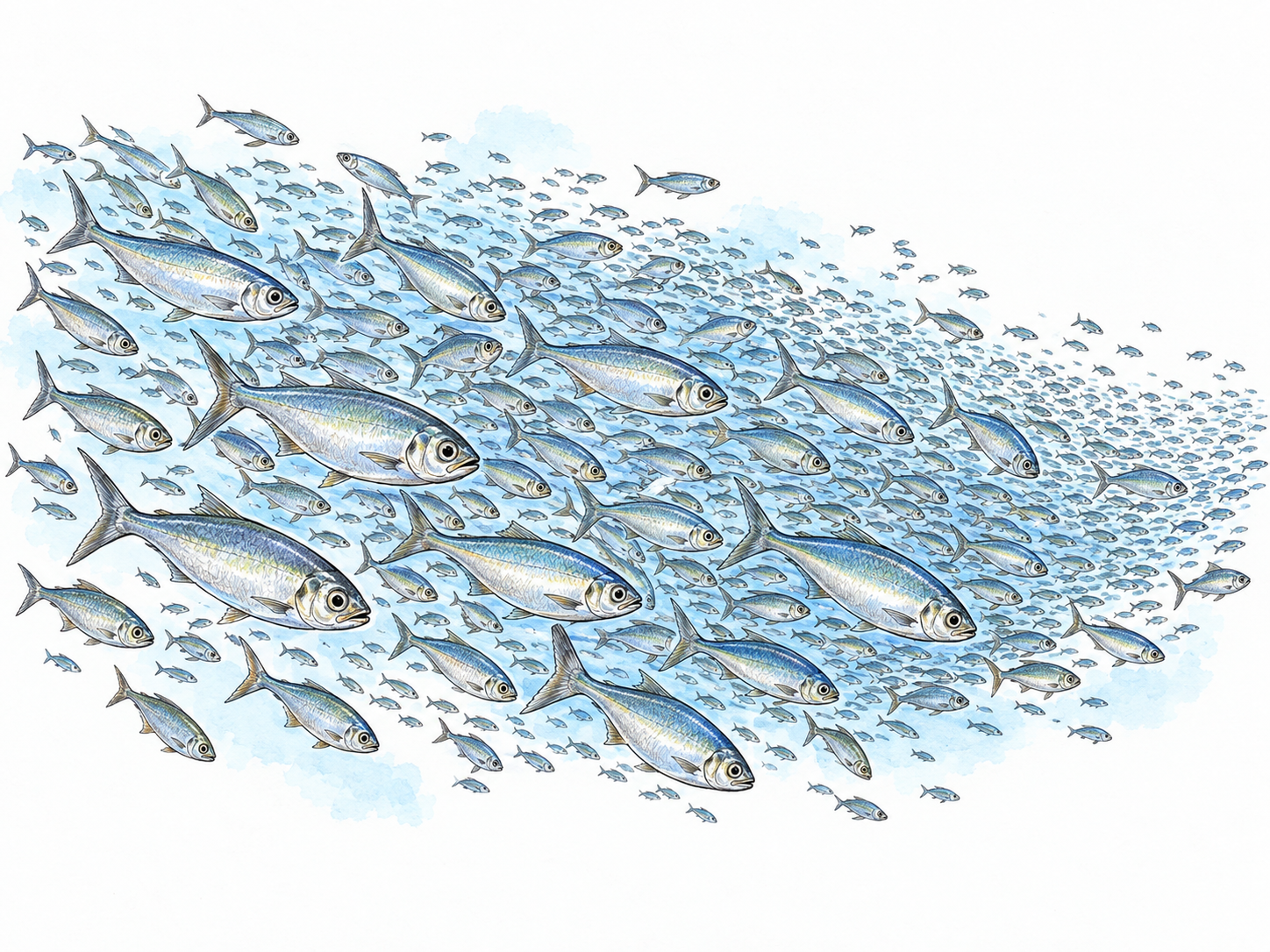An immense school of small silver-blue fish: individually recognizable fish in the foreground merge into hundreds of tiny fish receding through a broad, densely populated shoal.