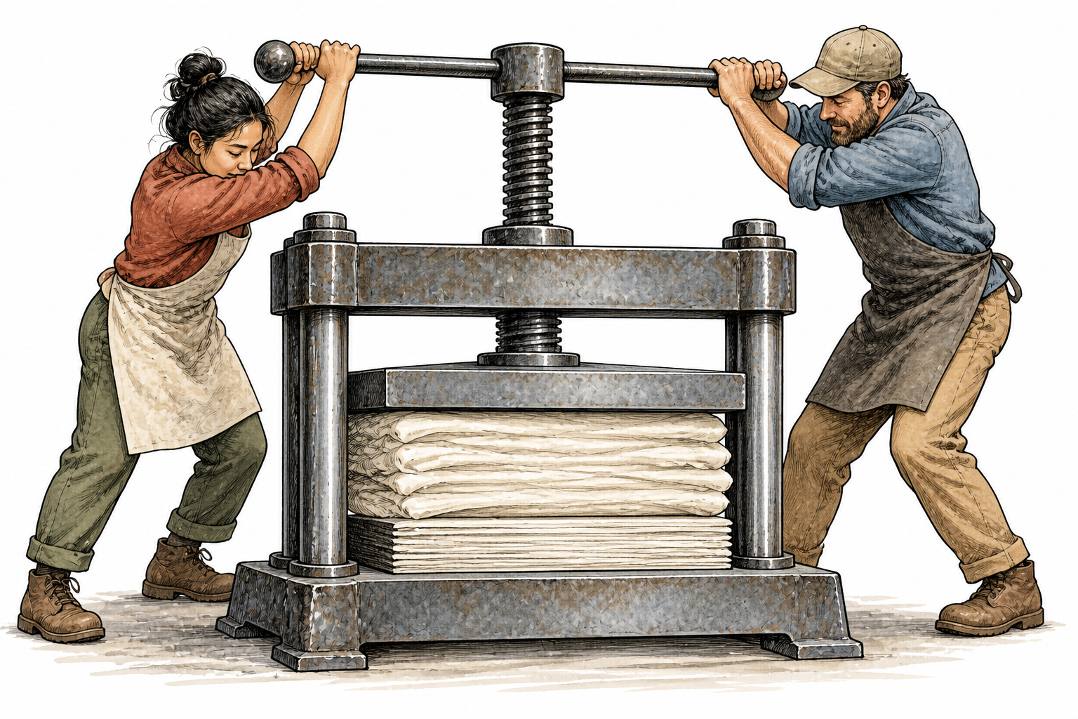 A metal screw press visibly squeezing a thick stack of soft unmarked material into a thinner compact stack, clear pressing action.