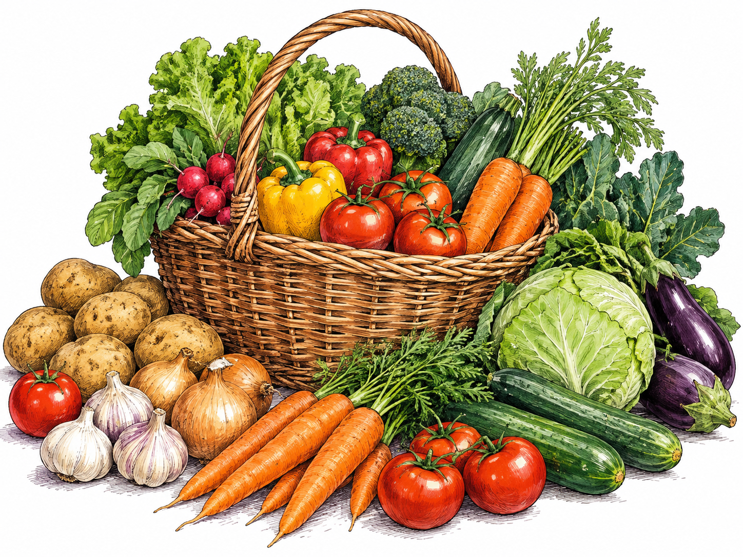 A generous basket and surrounding pile of freshly harvested vegetables show plentiful supply; no feast crowd or decorative slogan.