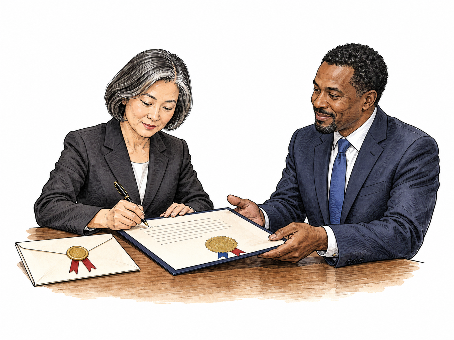 Ambassador signs treaty bearing large official seal while counterpart accepts it, sealed letter of full authority beside her; only simple seal/lines without words, small negotiation table.