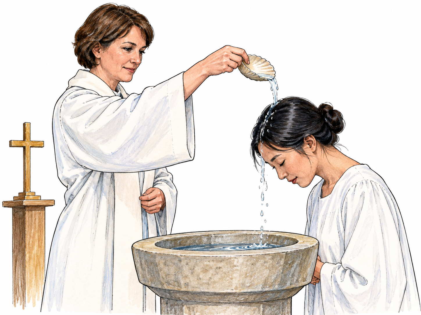 Minister performs baptism by pouring a small shell of water over consenting adult candidate bowed head above simple font, action and water clearly visible; small cross on plain stand establishes ceremony, no inscriptions.
