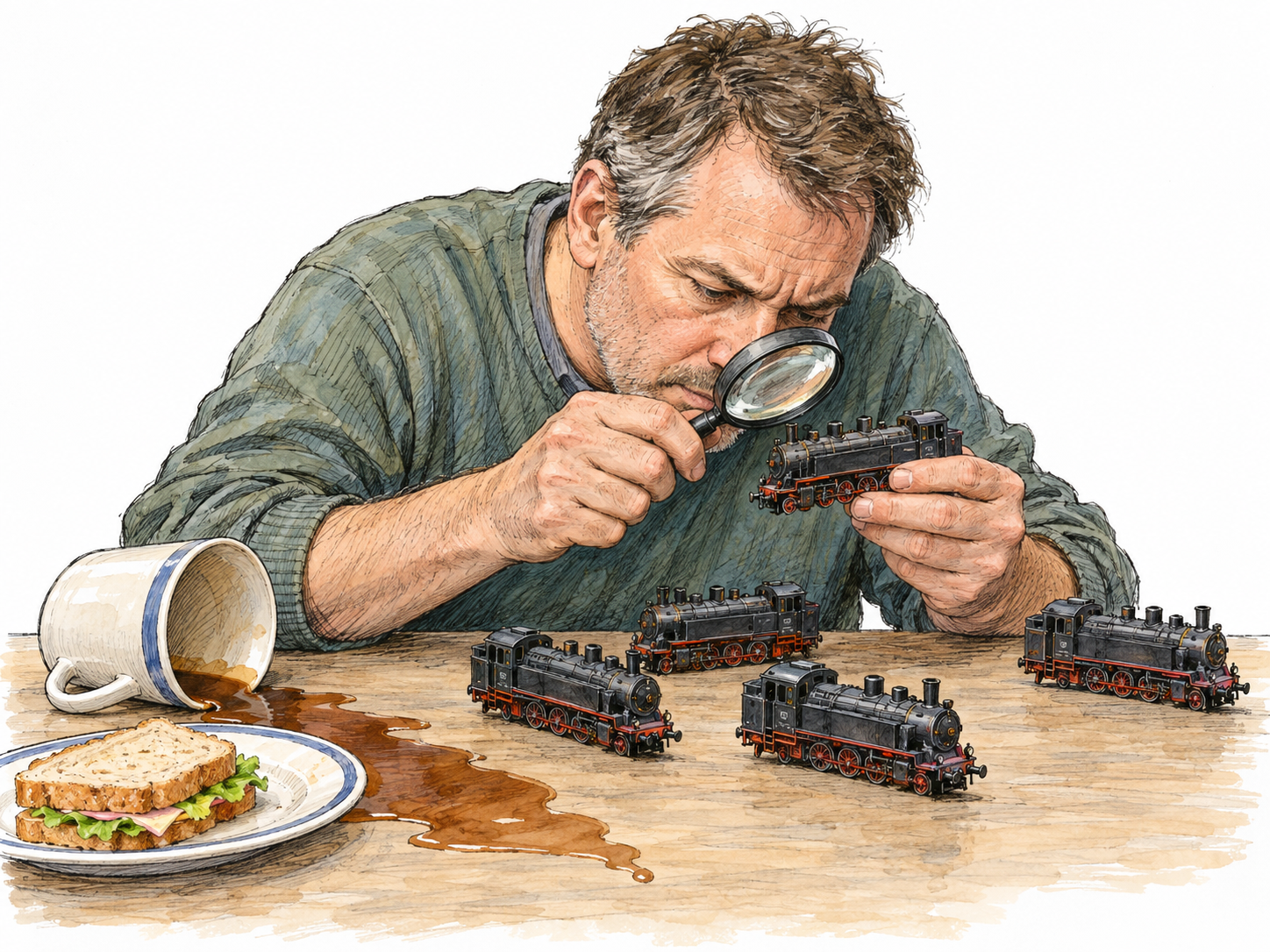 A man is so absorbed in examining a model locomotive that he ignores a spreading coffee spill and an untouched meal; several nearly identical locomotives crowd his small table.
