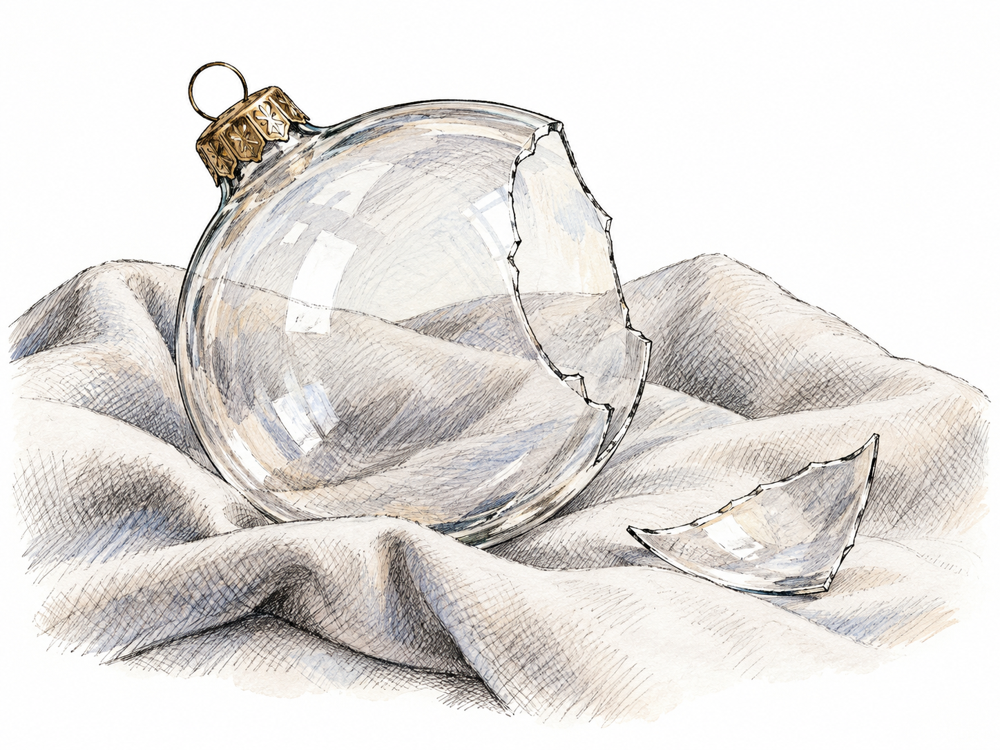 A delicate thin clear glass ornament with a fine broken edge rests on soft folded cloth beside its single detached fragment; visible thinness and break show how easily it is damaged.