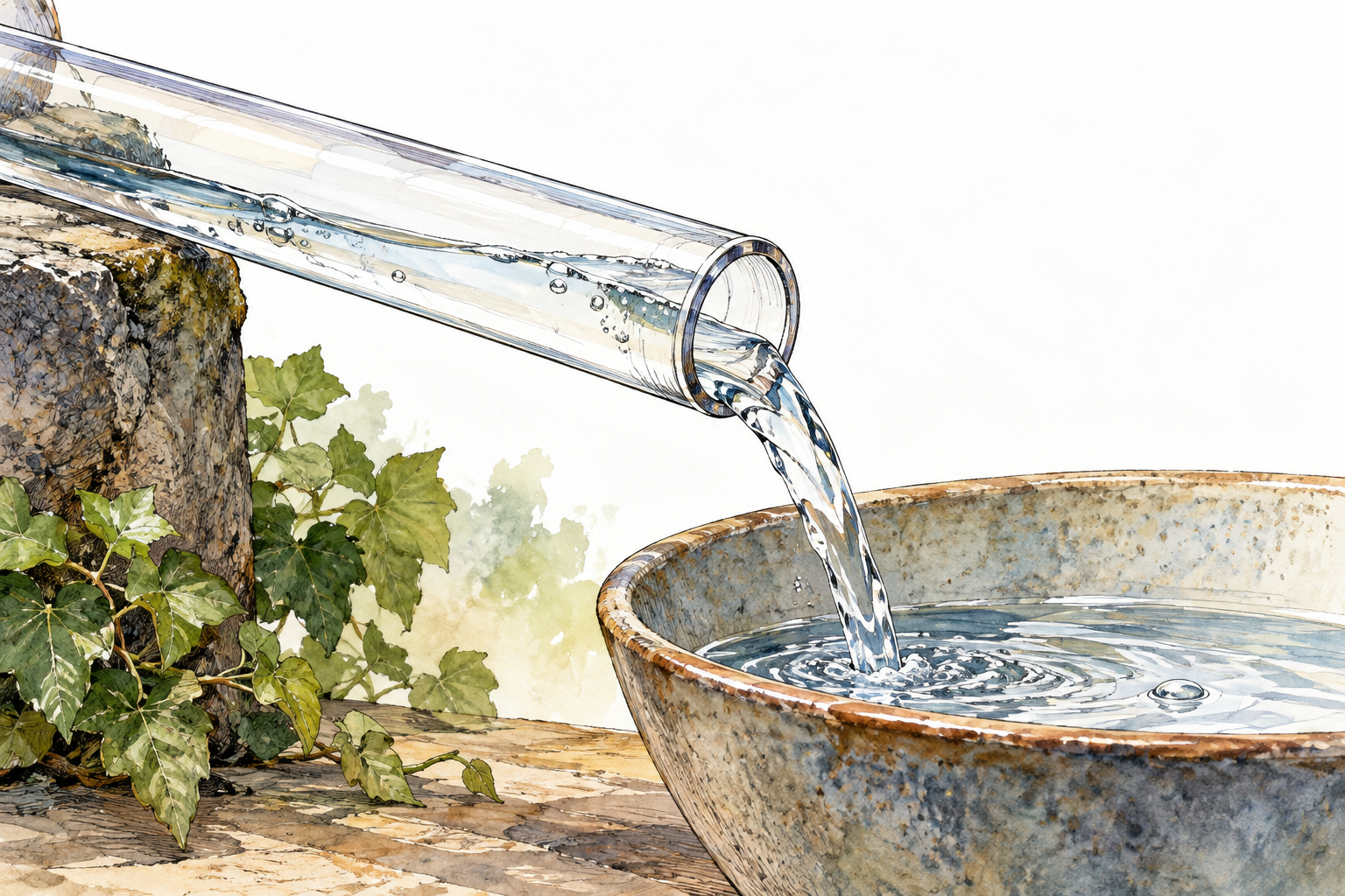 Close still life of a long hollow transparent tube with open circular end clearly visible, a little water flows through it into a bowl, no text.