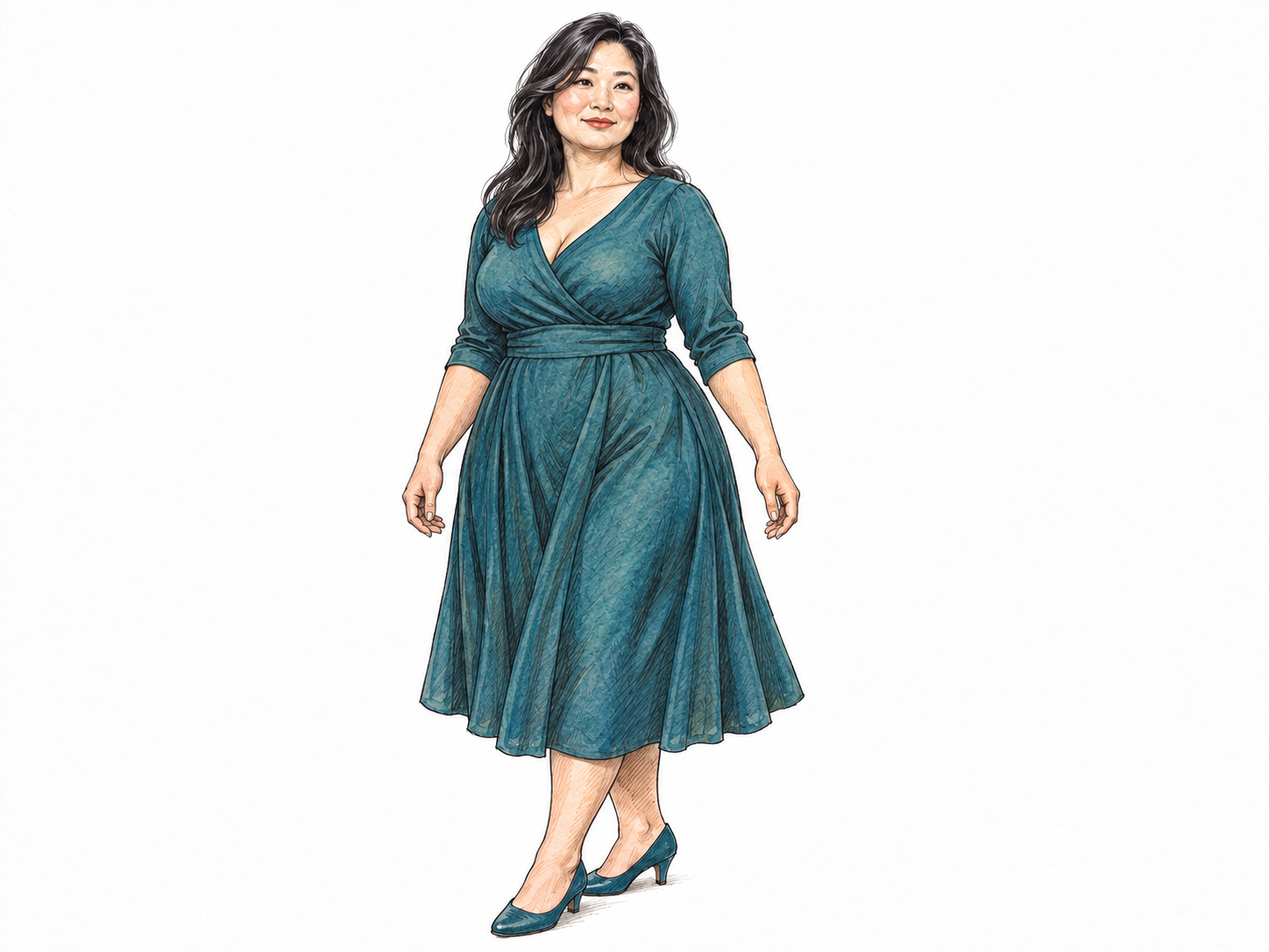 A full-figured adult woman in an elegant, opaque, softly draped dress, standing in a relaxed three-quarter pose.
