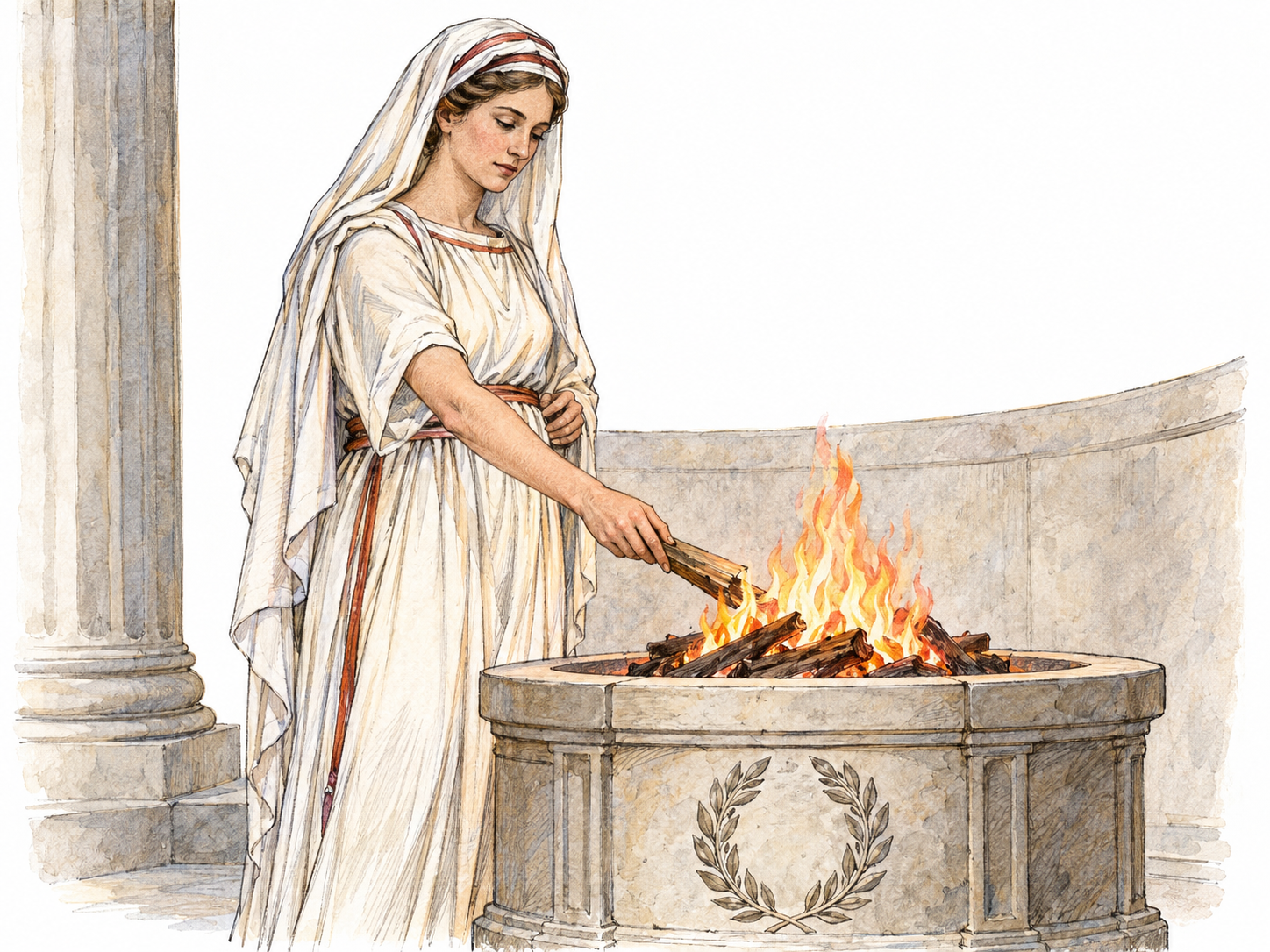 An ancient Roman Vestal priestess solemnly tends a sacred hearth flame, illustrating devotion to sacred service rather than attempting to depict chastity as a visible trait.