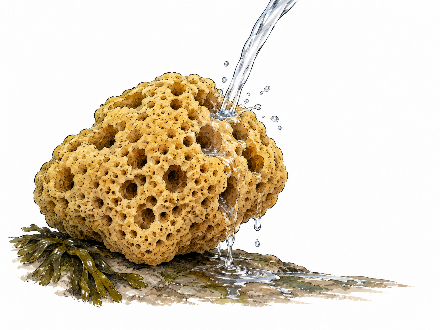 A natural sea sponge with many visible holes absorbs a trickle of water.