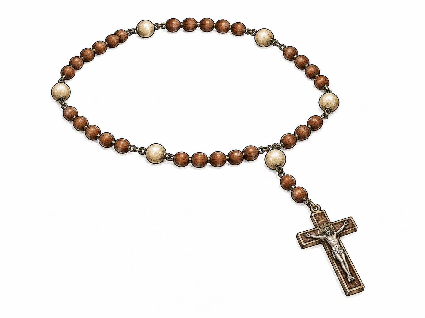 A Catholic rosary arranged as a loop of small beads with spaced larger beads and a short pendant strand ending in crucifix, clear prayer object, no inscriptions.