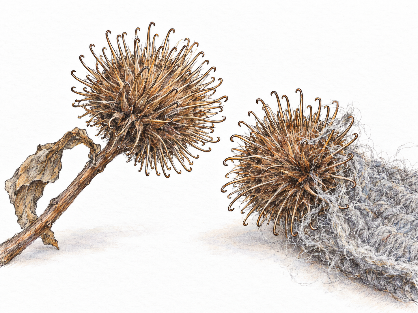 A close view of two dry burdock burs, one on a short stem and one caught on a small scrap of wool, with hooked prickles clearly visible.