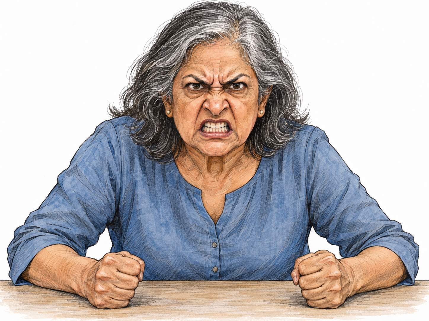 An older woman visibly seething with rage: sharply lowered brows, glaring eyes, bared clenched teeth, and both fists planted hard on a table.