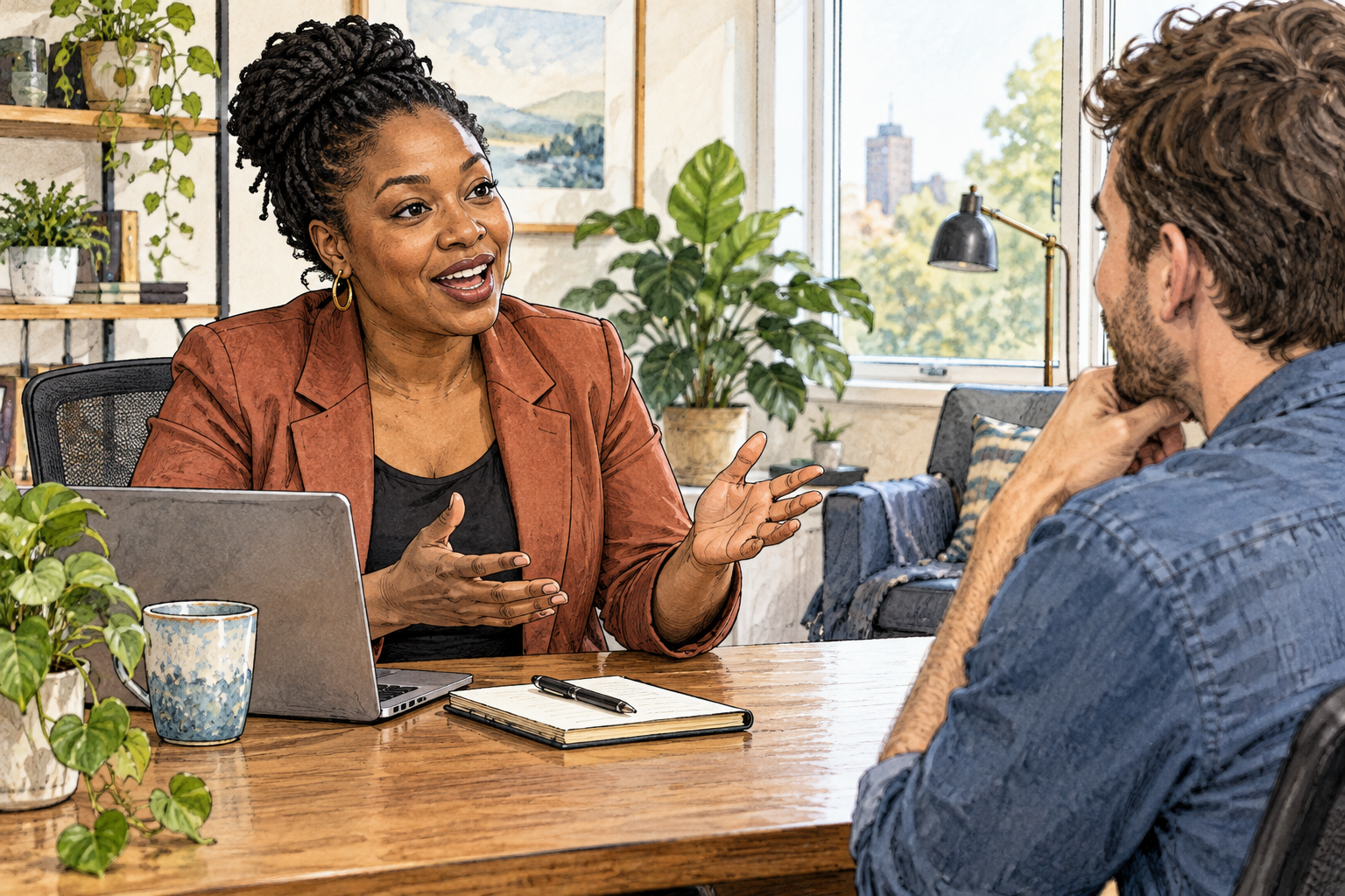 A friendly adult speaks directly to a listener, clear open mouth and conversational gesture, no speech bubbles.