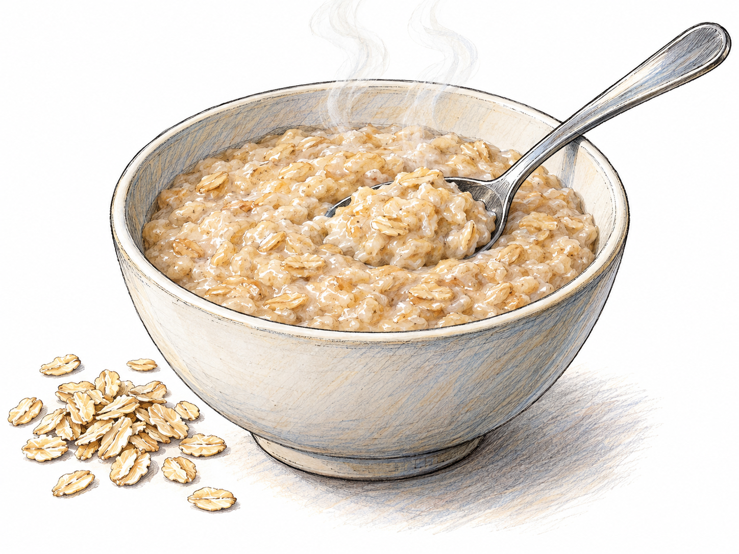 A steaming bowl of thick oat porridge, with a spoonful showing its soft, swollen grain texture and a small nearby scattering of dry rolled oats.
