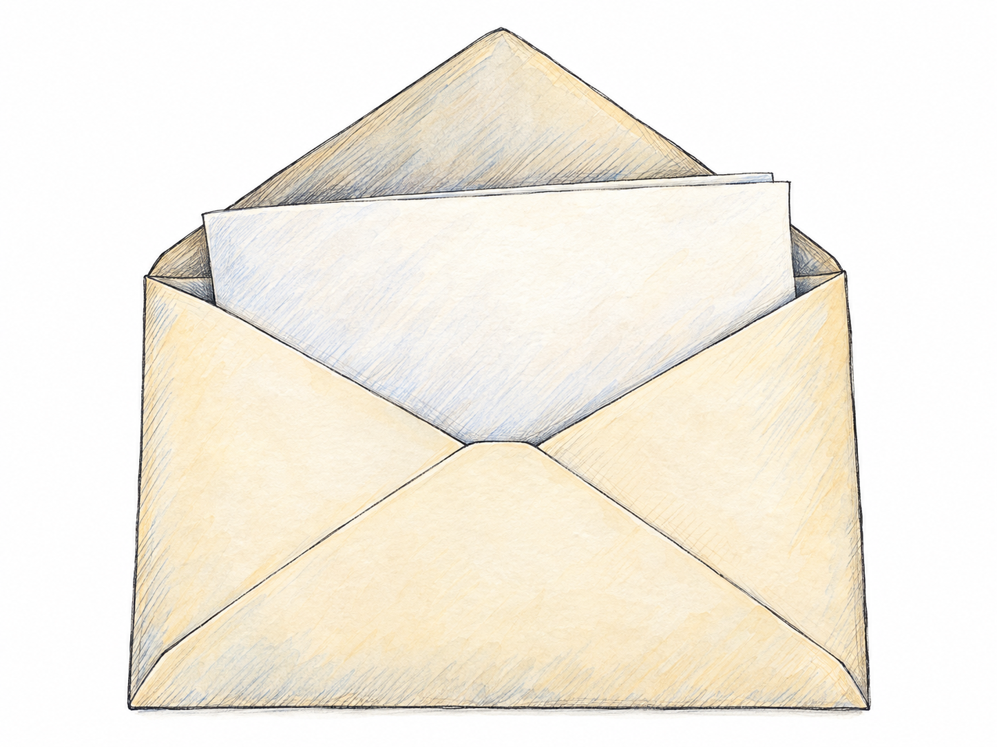 A single open paper envelope viewed from its back, with its triangular flap raised and a blank folded letter partly tucked inside.