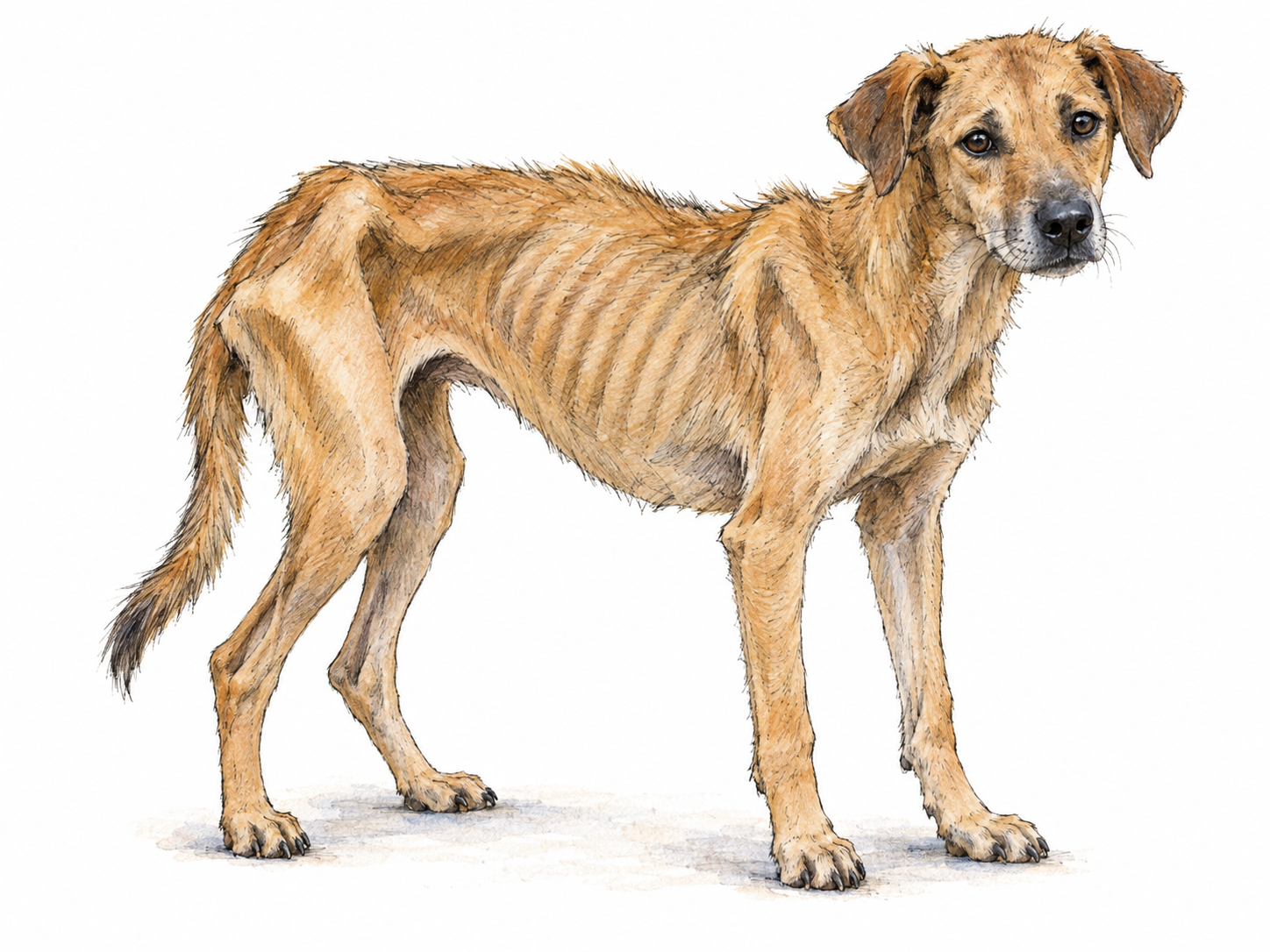 A single scruffy, conspicuously scrawny dog standing in three-quarter side view, with visible ribs, prominent hip bones, thin legs, and a narrow waist.