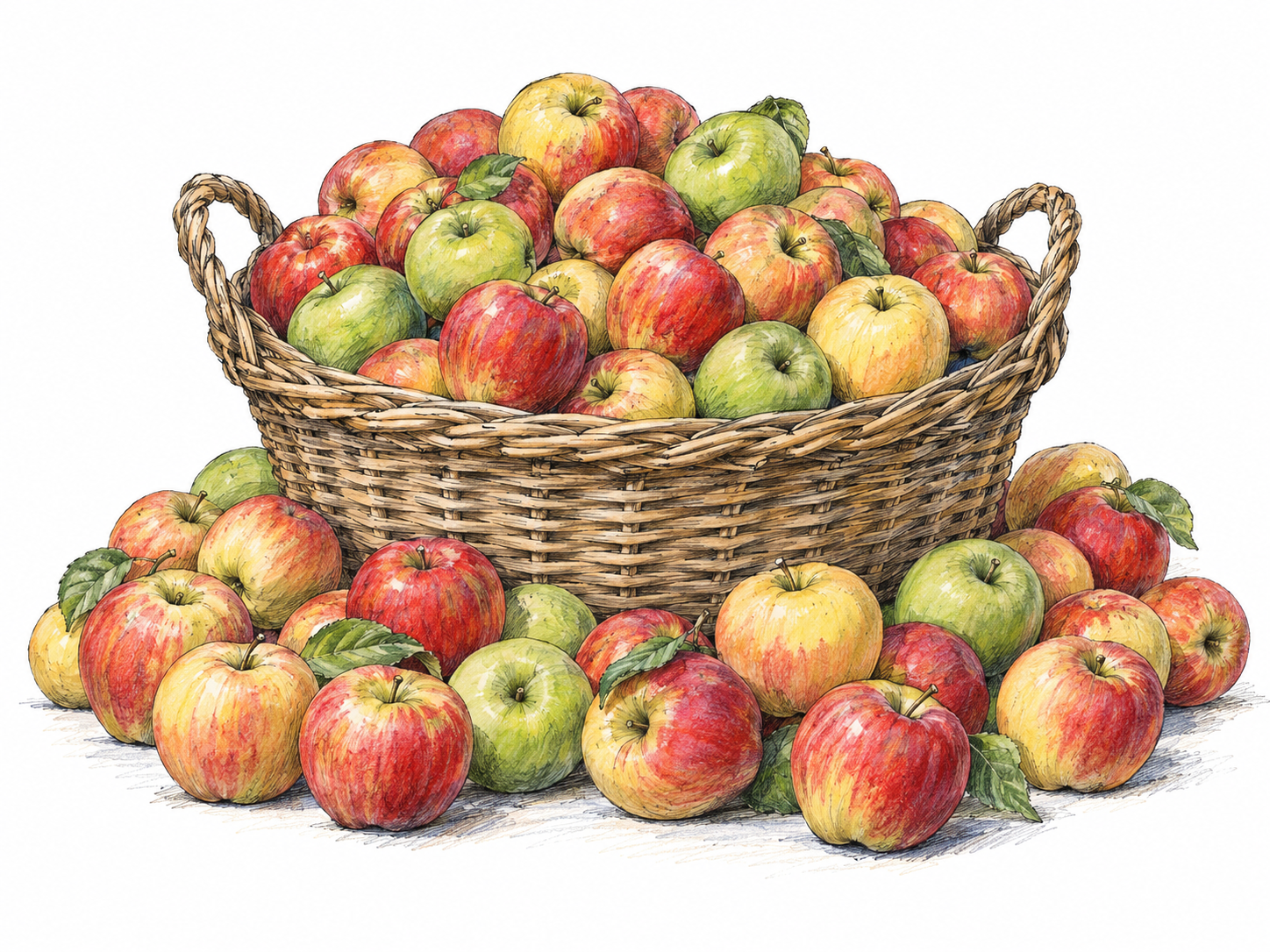 A broad basket overflowing with many ripe apples, with additional apples heaped around its base, making abundance immediately clear.